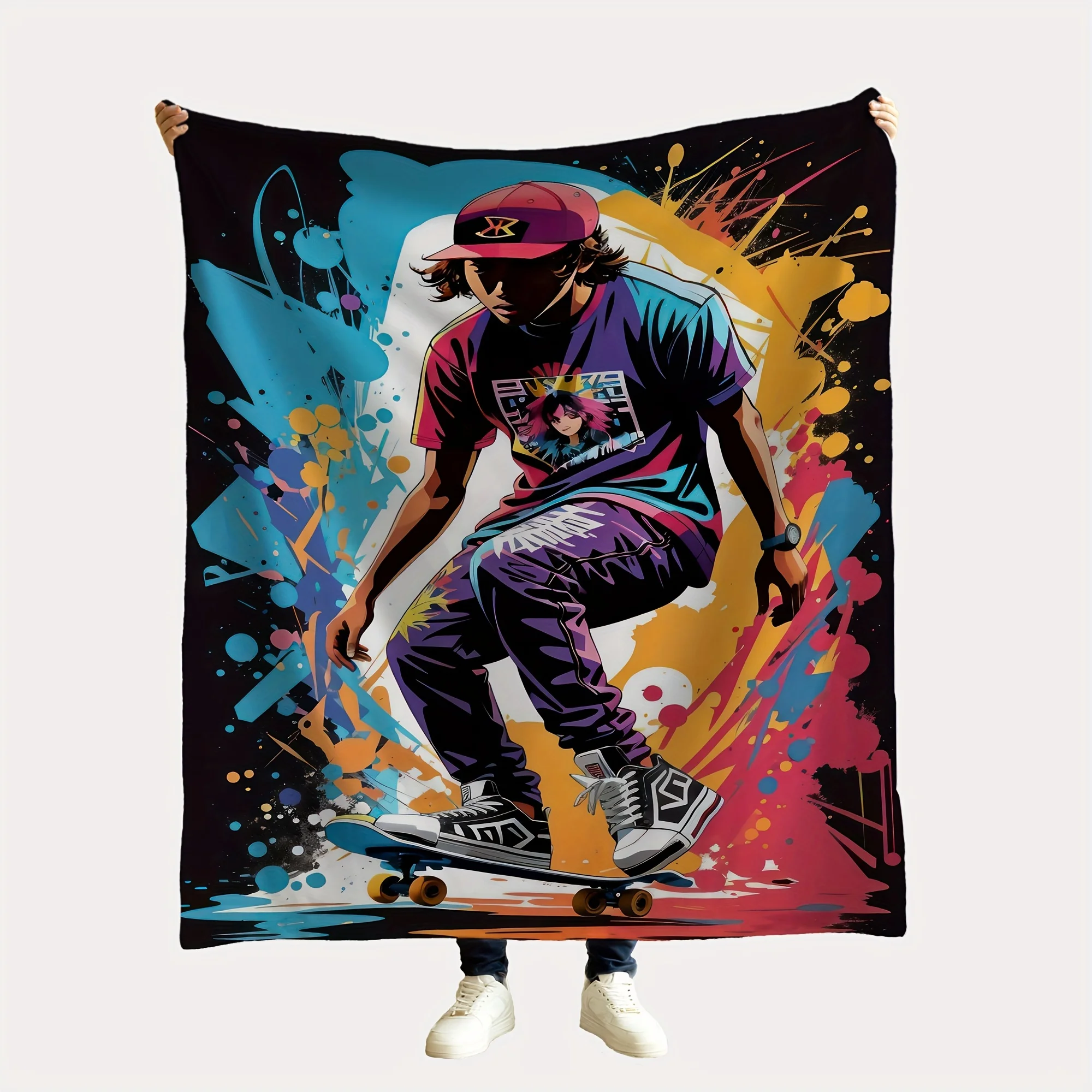 Vibrant Street Art Style Throw Blanket Featuring Skater Graphic Design for Modern Home Decor Gifts