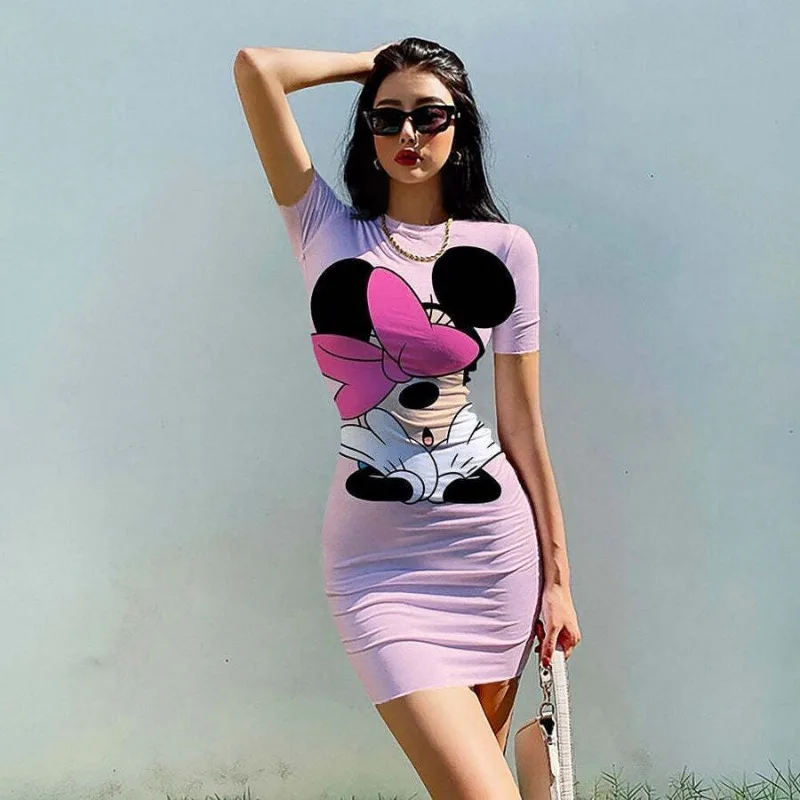 Disney Mickey Minnie Stitch Tight Fitting Dress Cartoon Sexy Print Woman's Dress Beach Party High Street Dresses Girls Gifts