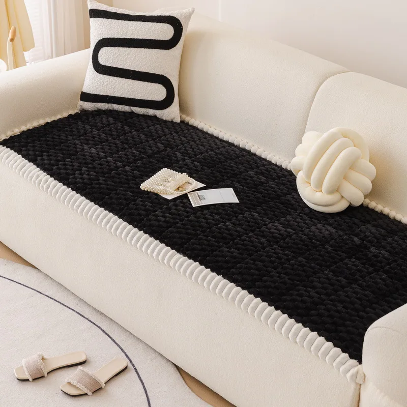 Honeycomb Fleece Living Room Sofa Cushion Autumn/Winter Straight-Cut One-Piece Anti-Slip Seat Pad Thickened Plush Sofa Cover