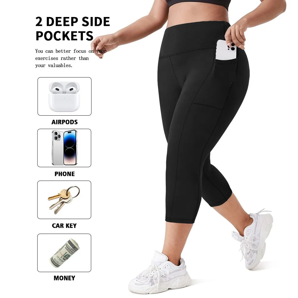 

Women's Leggings High Waist Solid Black Capri Leggings Side Pockets 3/4 Leggings Tummy Control Cropped Leggings Plus Size