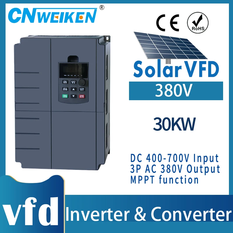 WK600 series 380v solar VFD 22kw/30kw DC input 400-700V and 3phase 380V output high-power frequency converter/ac motor drive/VSD