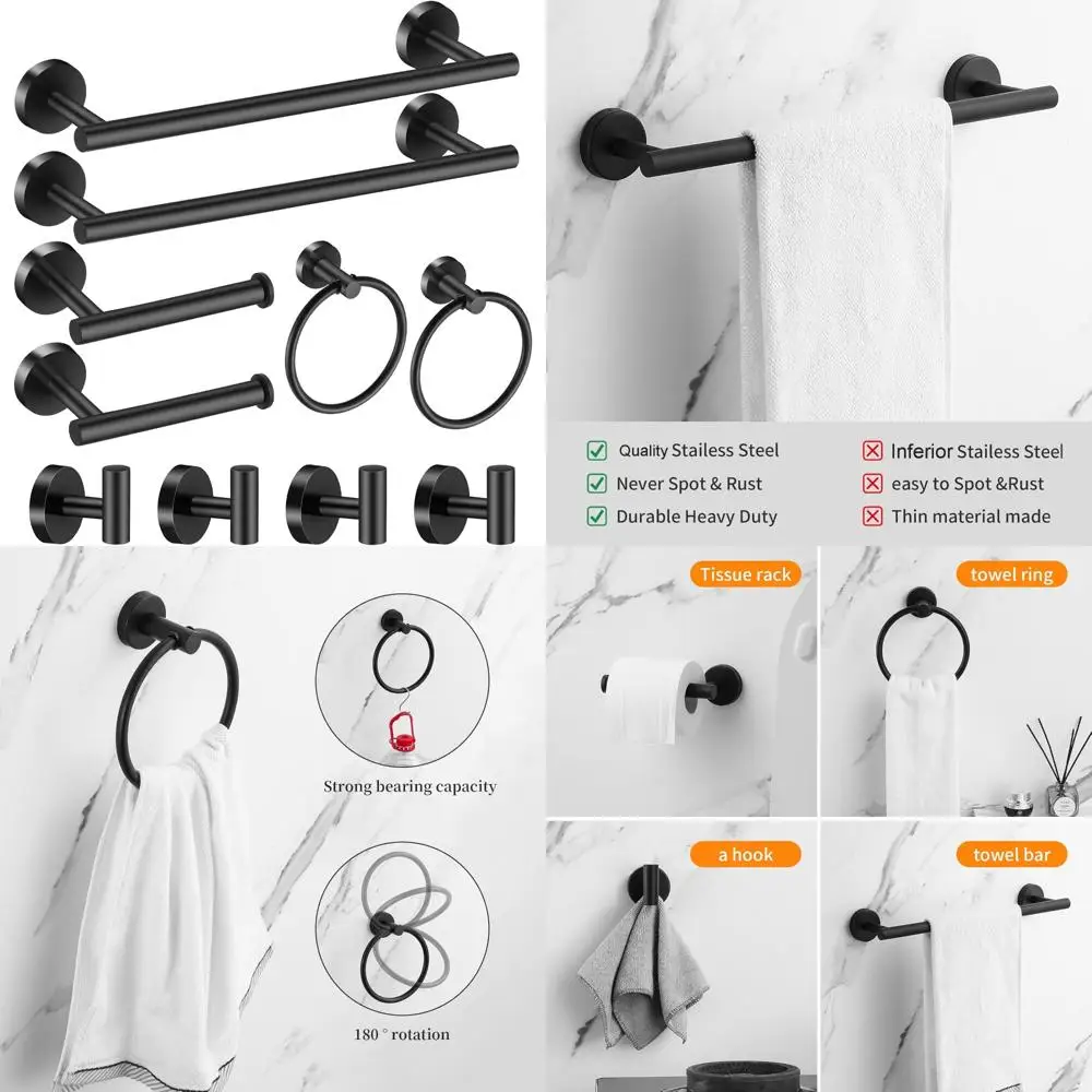 

Matte Black Bathroom Hardware Set - 10 Piece Accessory Collection with 2x 24 Inch Towel Bars, Towel Ring, Toilet Paper Holder, a