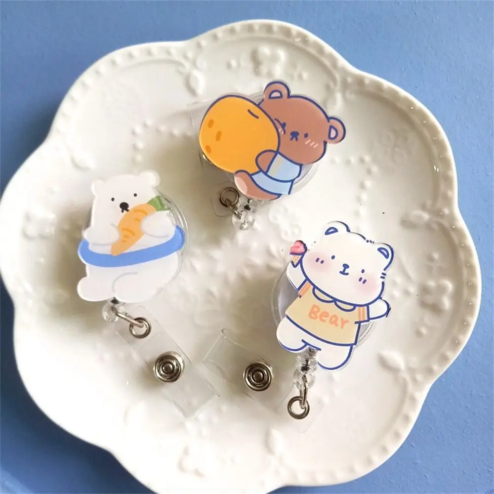 Cute Bear Retractable Badge Reel Work Card Clip Chest Card ID Card Clips Name Tag Name Card Easy Pull Buckle Doctor Students