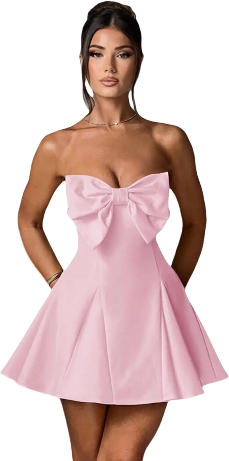 Elegante strapless homecoming-jurk voor dames met strikdetail, A-lijn mini-swingbuis, korte avondfeest-galajurk, boven de knie