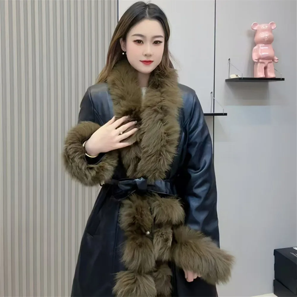 Faux Fur Coats for Women,Adjustable Waist PU Jacket,Female Thick Warm Clothes,Fur Collar,High Quality, New, Winter,2024