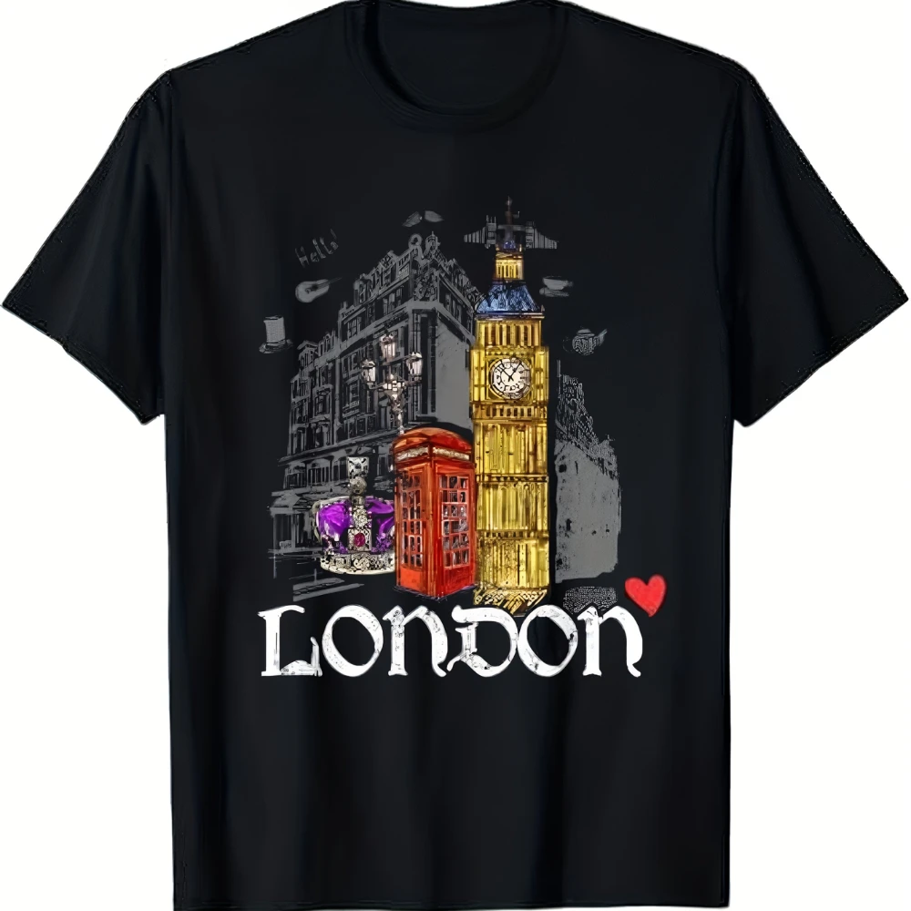 Black Casual T-Shirt Featuring Iconic Designs of Big Ben A Telephone Booth Making It The Perfect Gift for Men and Friends