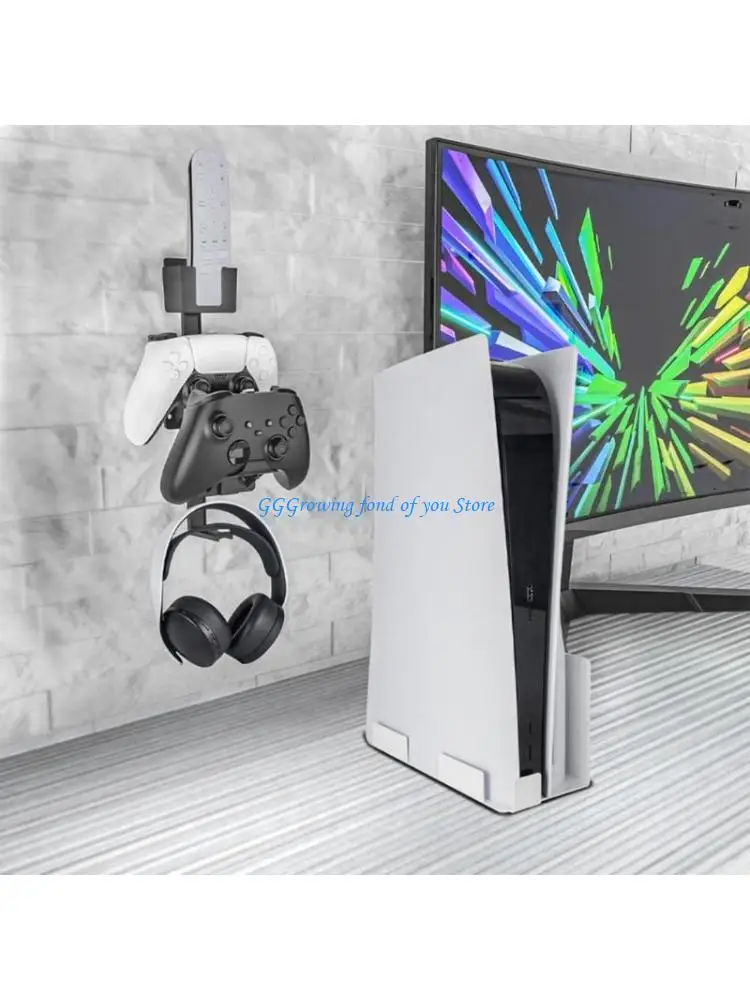 

H9EB 3 IN 1 Wall Hanger Rack for P5 P4 Gaming Controllers Headphone Well-organized Gamepad Storage Holder Rack