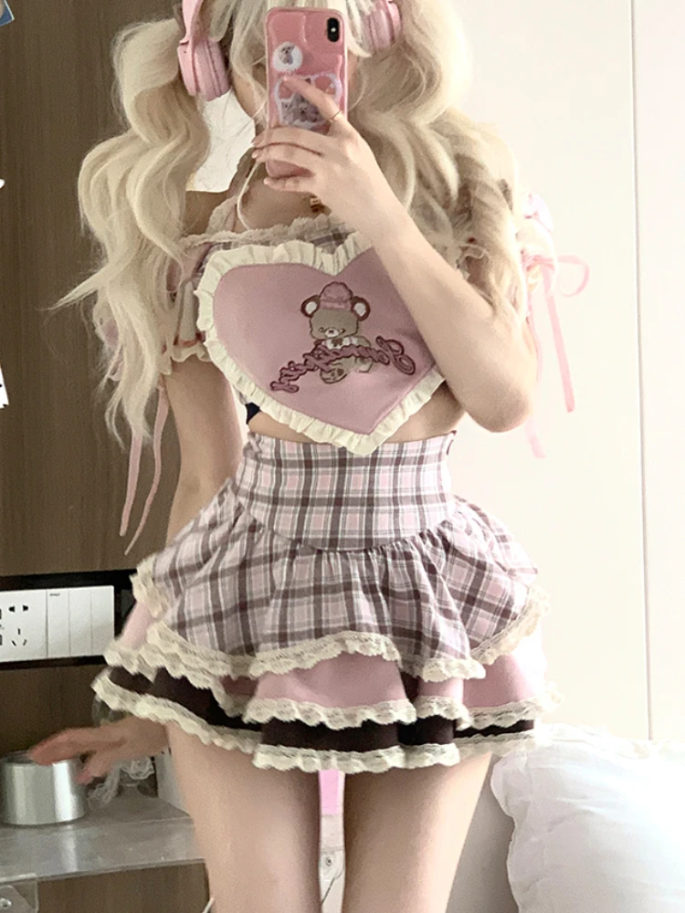 Pink Lolita Kawaii Two Piece Set Women Summer Korean Cute Mini Skirt Suit Female Sweet Heart-shaped Blouse＋Plaid Cake Skirt 2023