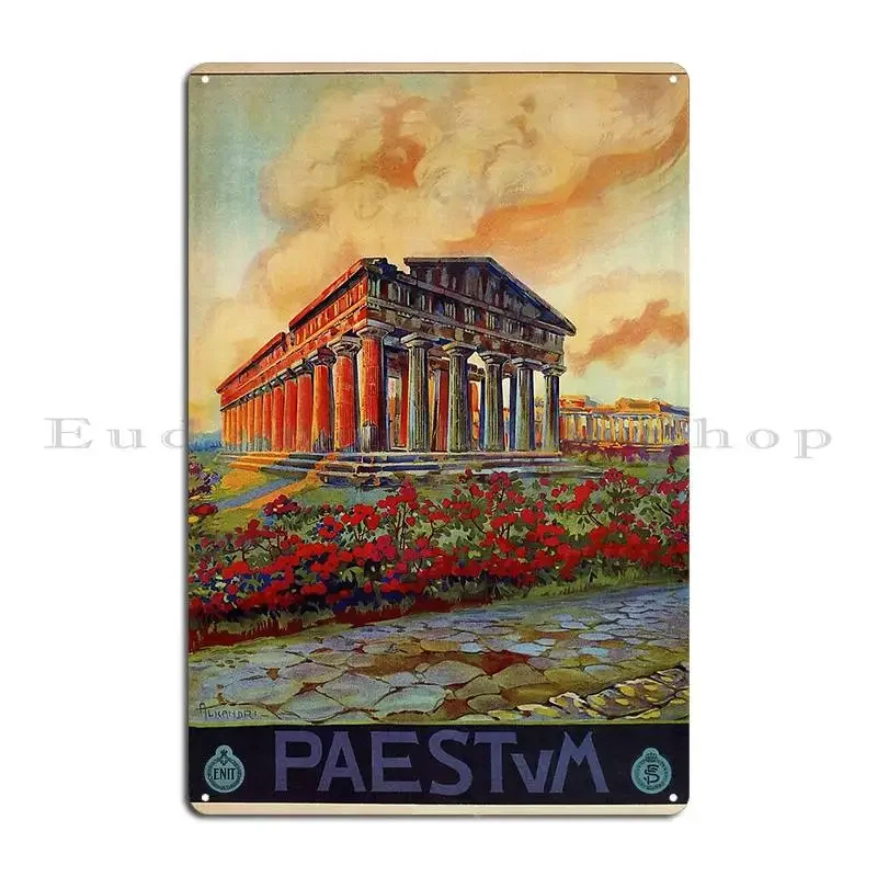 Paestum Ancient Greek Temple Italian Travel Ad Metal Sign Wall Decor Wall Plaque Home Custom Kitchen Tin Sign Poster