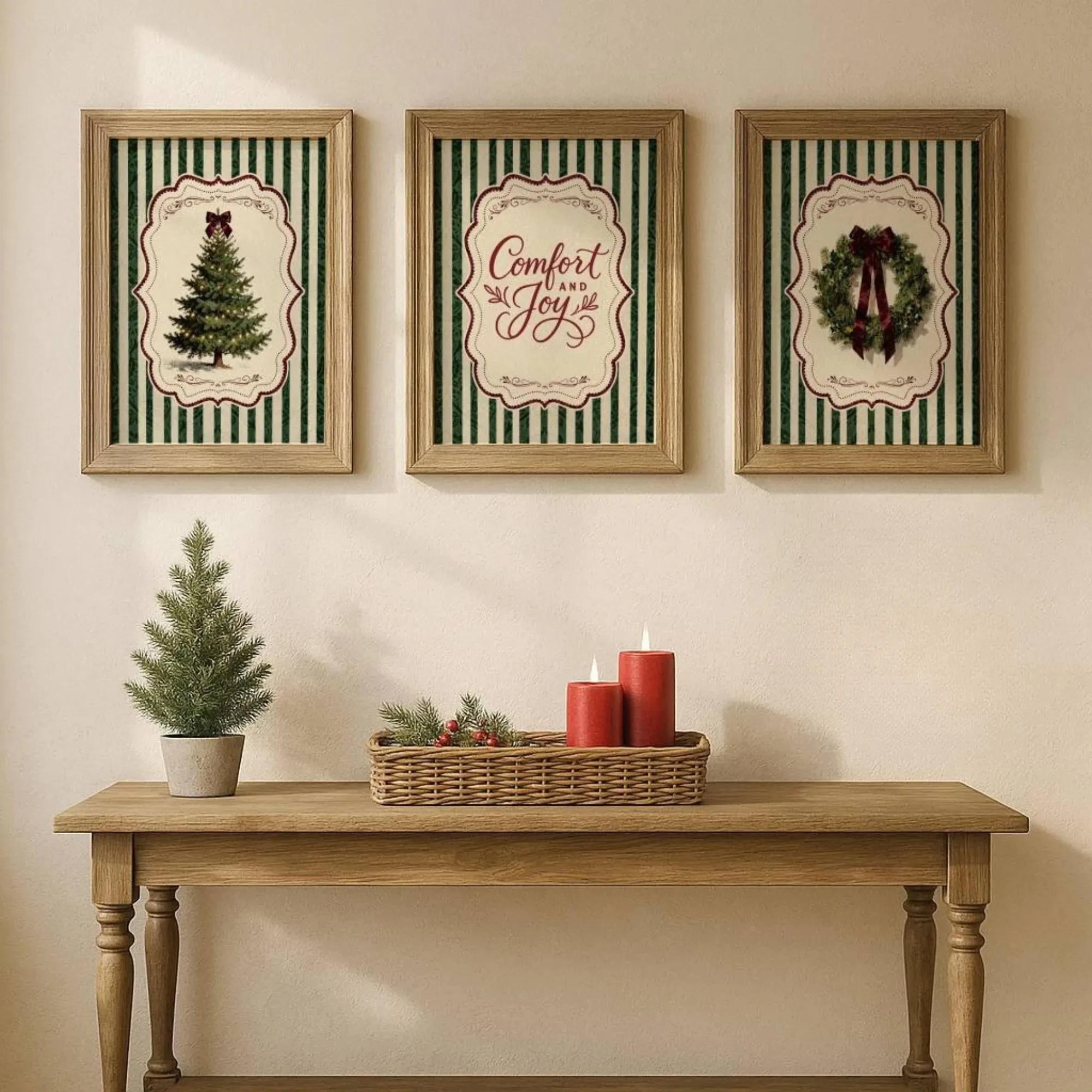 Set of 3 Vintage Farmhouse Christmas Wall Art, Xmas Tree Wreath & Comfort and Joy Quote Print, Retro Holiday Living Room Decor