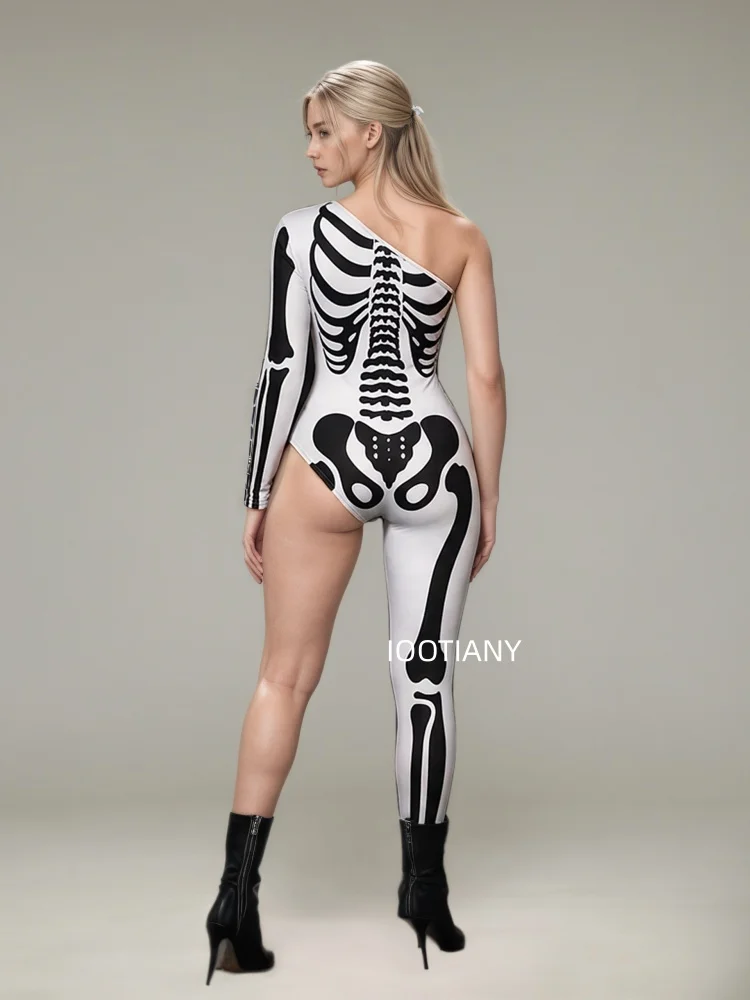 Gotischer Halloween-Skelett-Print-Bodysuit für Damen, One-Shoulder, einlanger Ärmel, asymmetrischer, enger Jumpsuit, Bühnen-Rave-Outfit – Detail 21