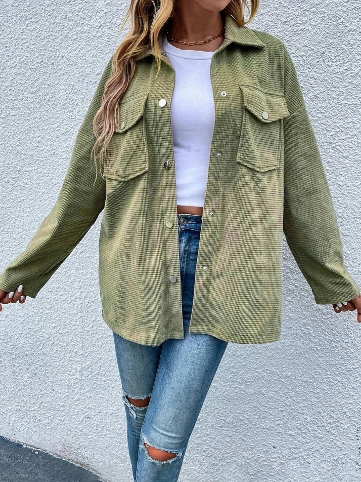 Women\'s Winter Jacket Retro Casual Corduroy Solid Color Loose Casual Lapel Long Sleeve Single Breasted Pocket Daily Shirt Jacket