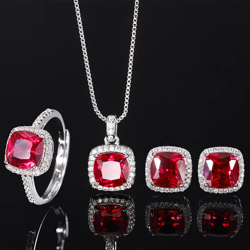 

Jewelry Gold Plated Retro Red Corundum Fat Square Simple Style Suit Female 8*8