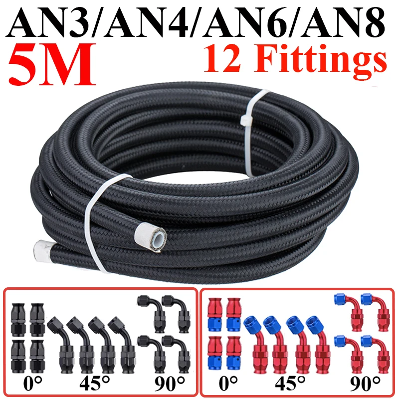 

5M/16FT AN3 AN4 AN6 AN8 E85 Nylon PTFE Fuel Hose Oil Gas Cooler Line Pipe Tube 4x0° 4x45° 4x90° Swivel Hose End Fittings Adaptor