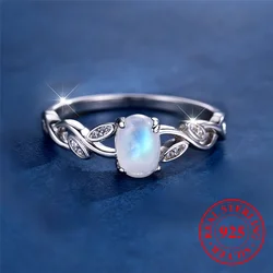 Cute Female Small Oval Nature Moon Stone Ring Vintage Real 925 Sterling Silver Wedding Jewelry For Women