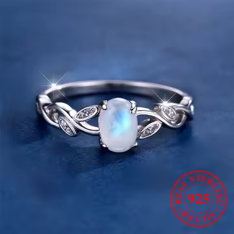 Cute Female Small Oval Nature Moon Stone Ring Vintage Real 925 Sterling Silver Wedding Jewelry For Women