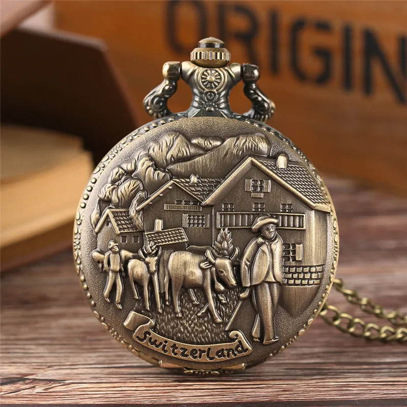 Retro bronze relógio de bolso switerland design gravado aldeia 3d gado quarzt exibir colar pingente corrente relógio presentes