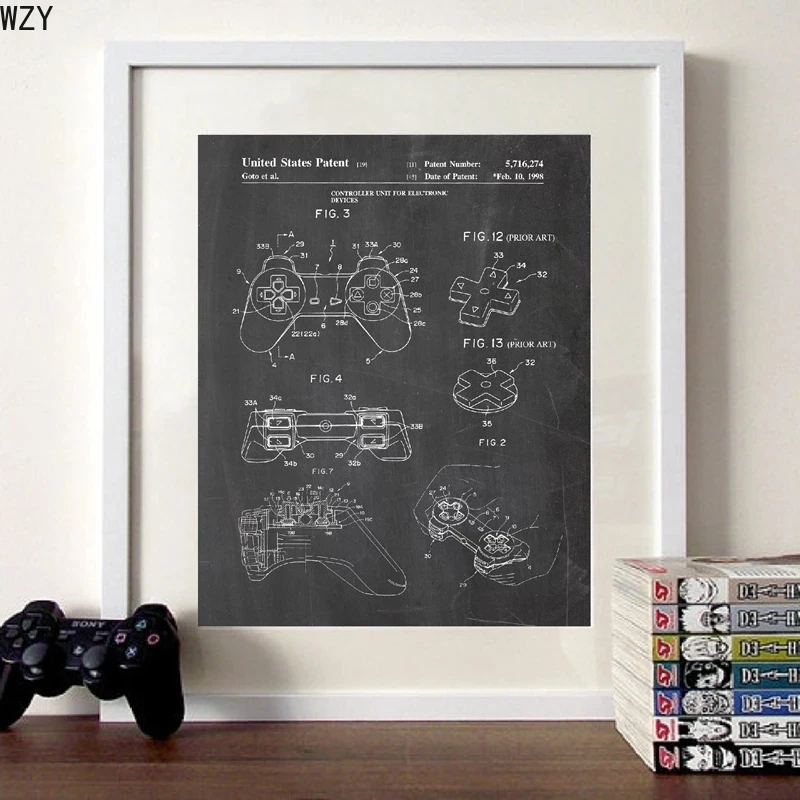 Video Game Patent Canvas Print, Playstation Vintage Poster, Boys Gifts, Gaming Wall Art Pictures, Room Decor, Gamer Painting