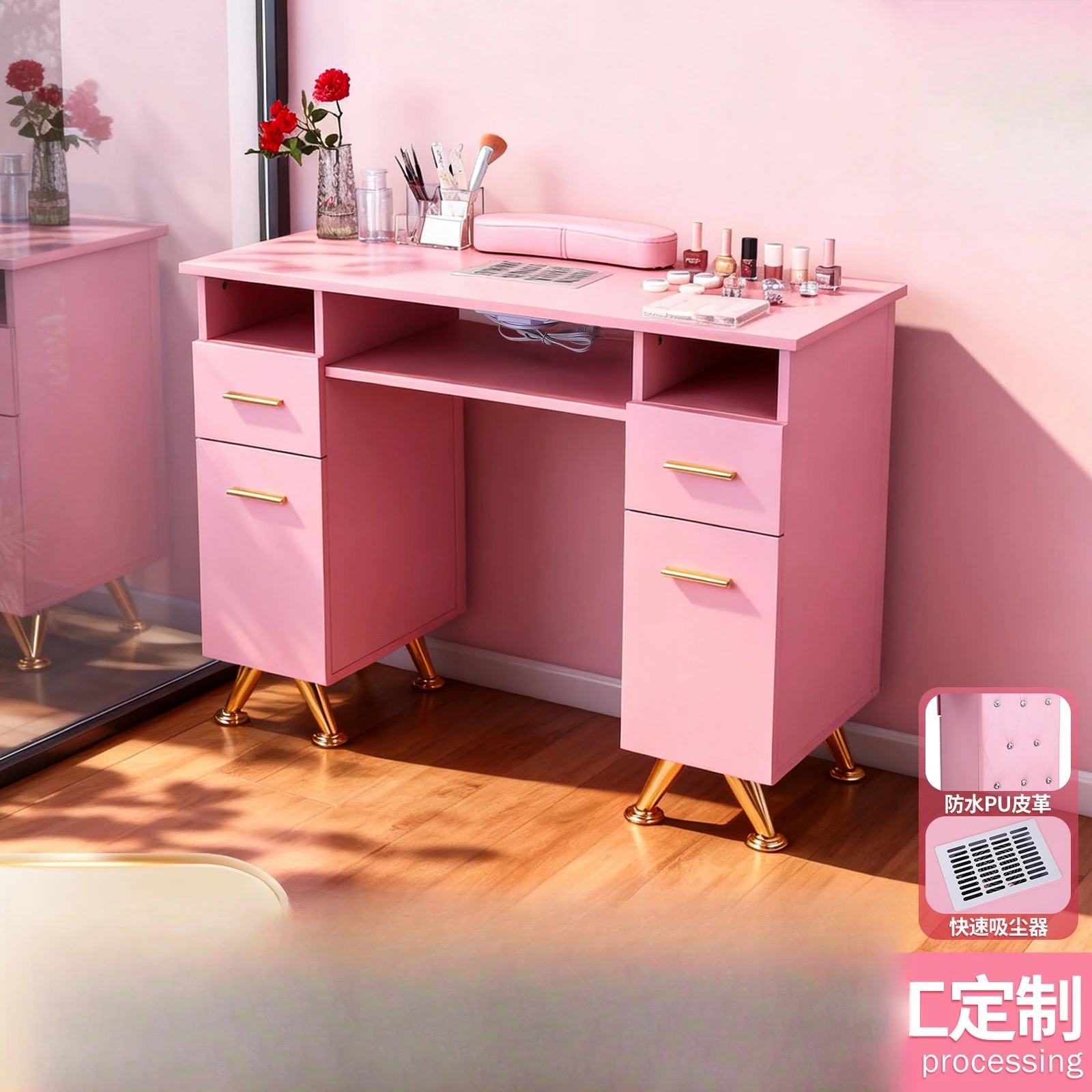 Double-layer gilt manicure table with diamond, built-in manicure cleaner and manicure table with hand rest.