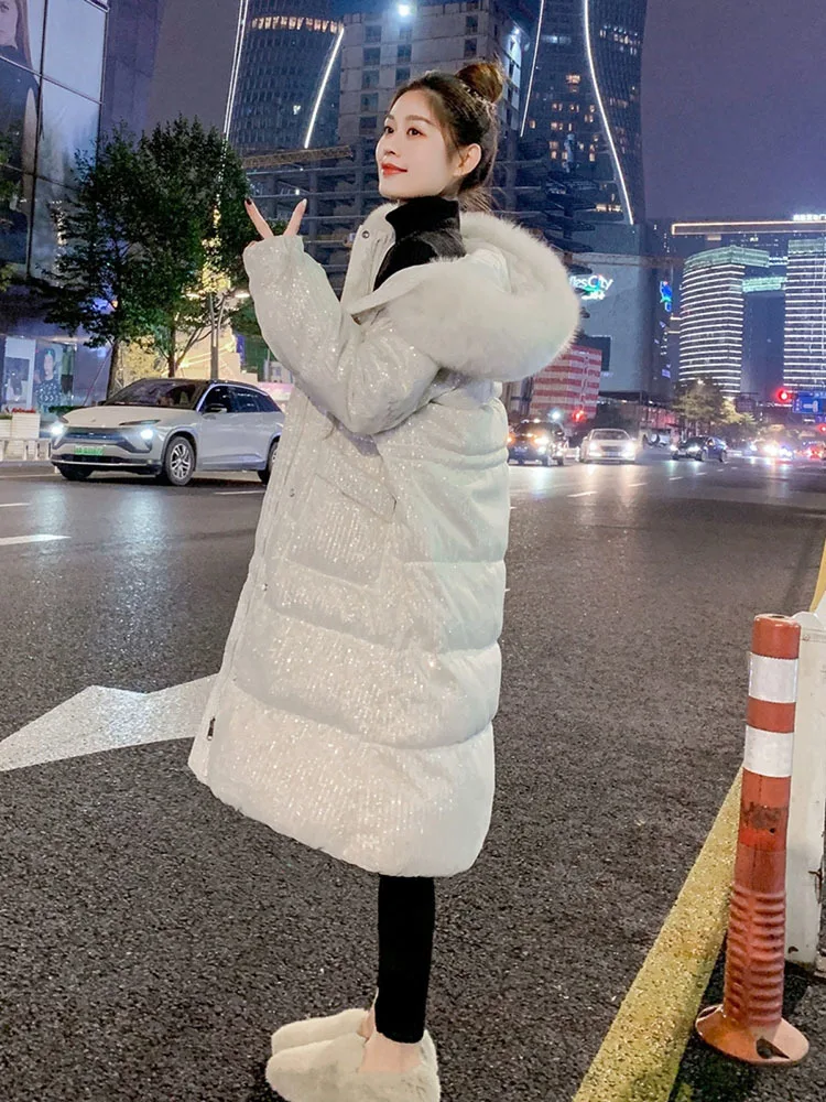 2025 glitter Winter Women Fashion Thicken Warm Long Jacket Female White Duck Down Coat Ladies Fox Fur Collar Hooded Overcoats