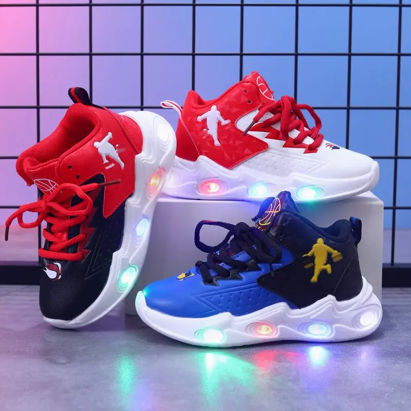 Mgo Kidss Girls' Mid-Top Basketball Shoes with Light-Up Features, Suitable for All Seasons, Sports Casual Shoes, Lace-Up Style, Pu Upper, Led Sneakers for Boys and Girls, Student Shoes, Suitable for Boys and Girls under 14 Years Old