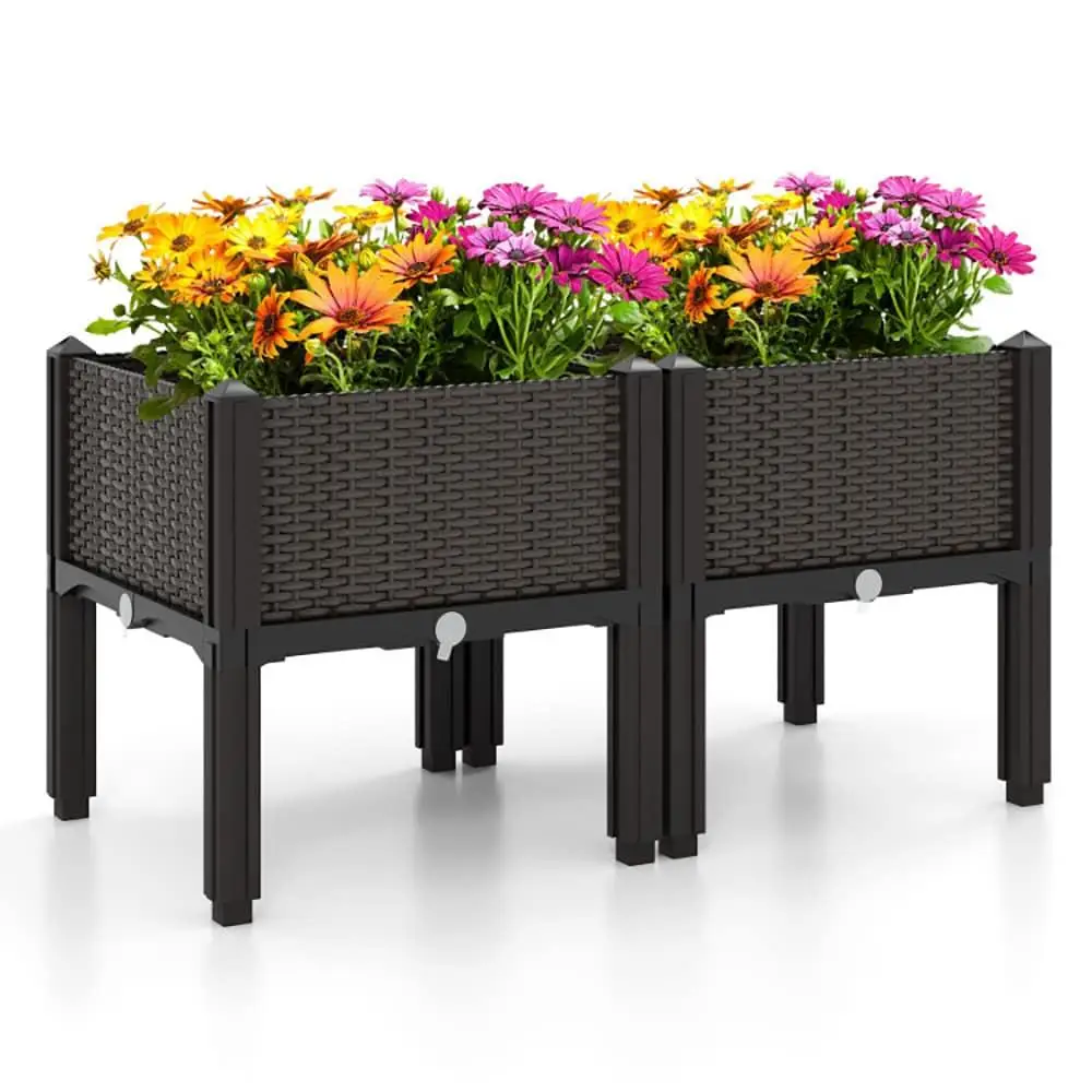 

2 Set Space-Saving Design Elevated Plastic Raised Garden Bed Planter Kit for Flower Vegetable Grow