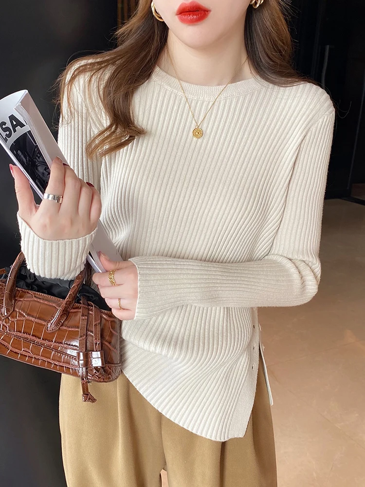 Knitted Sweater split Hollow Out Sweaters Women 2022 Autumn Winter Clothes Long Sleeve Top Slim Pullover Pull Femme