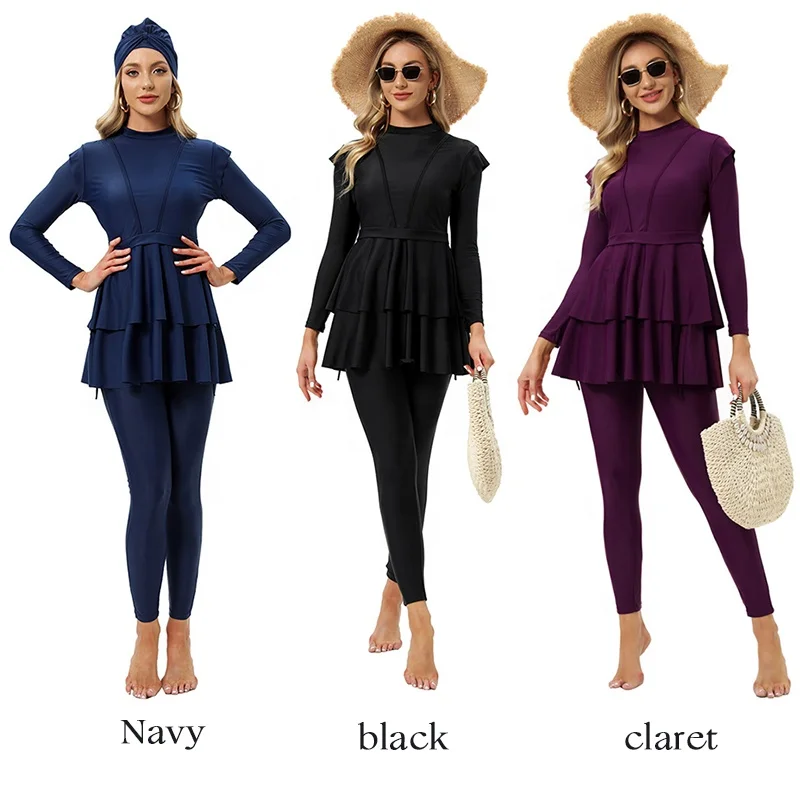 

OEM Solid High Quality Muslim Swimwear Women Long Sleeve Hijab Swimsuit Plus Size Islamic Beach Wear 3 Piece Bathing Suit