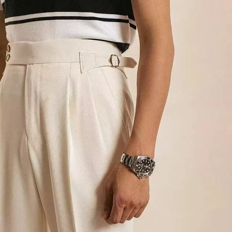 بناطيل رجالية عالية الخصر ، بنطلون مستقيم ، ملابس الشارع غير الرسمية ، الأزياء الكورية ، بدلة العمل ، إبزيم باريس ، الربيع ، الخريف