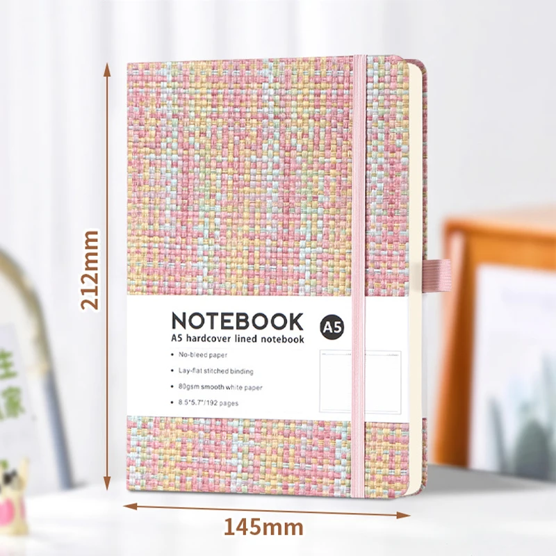 A5 Notebook Imitation Linen Hard Cover With Elastic Band 192 Pages Lined Paper Student Diary Planner Cute Stationery - view 5