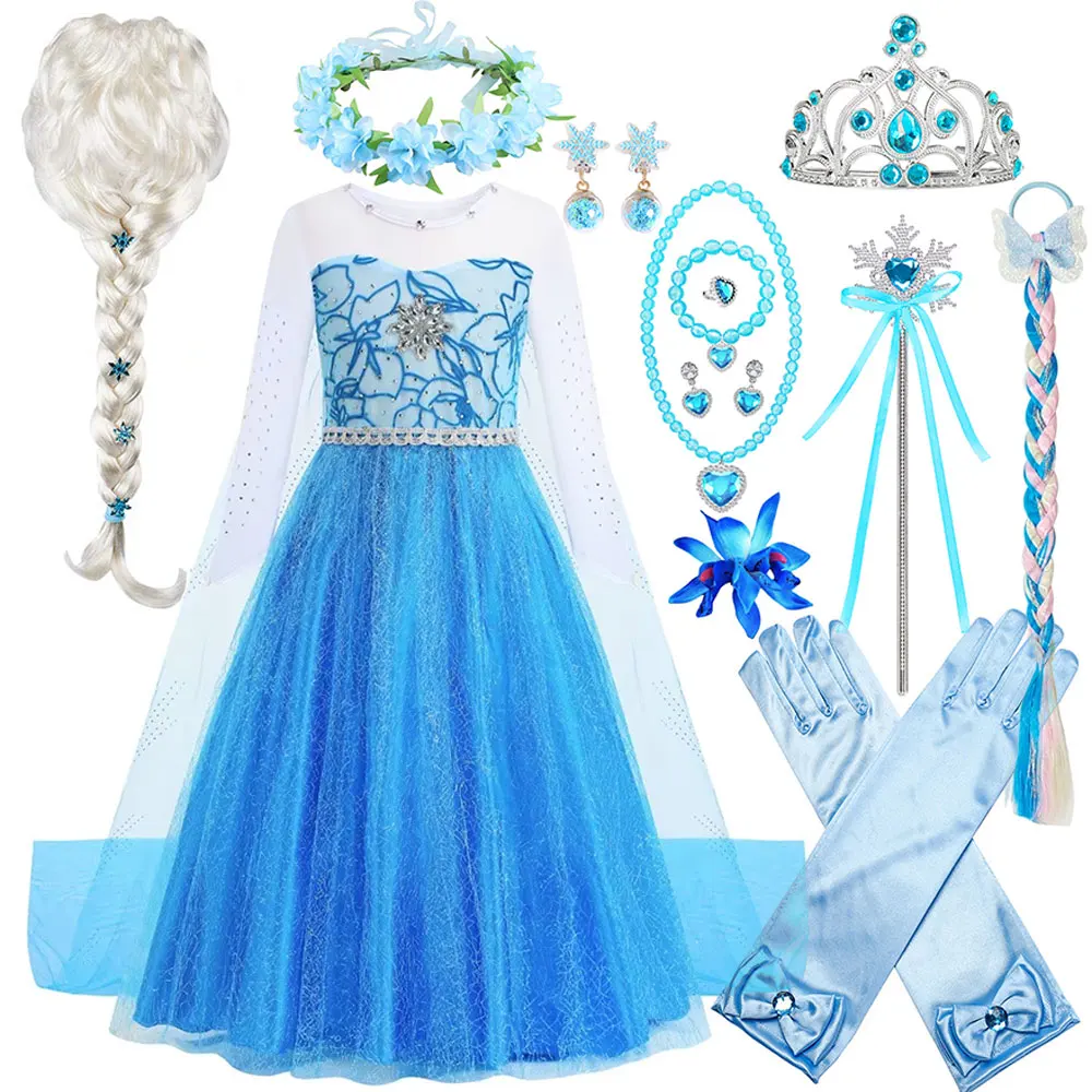 2026 Disney Halloween Frozen Movie Snow Queen Elsa Blue Dress Set Girls  Cosplay Elsa Holiday Party Gift Princess Dress Set 2-10T - AliExpress 1501