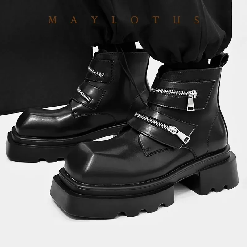 Men's Square Toe Platform Ankle Boots Fashion Zipper Strap Block Heel Leather Short Boots Gothic Punk Motorcycle Combat Boots