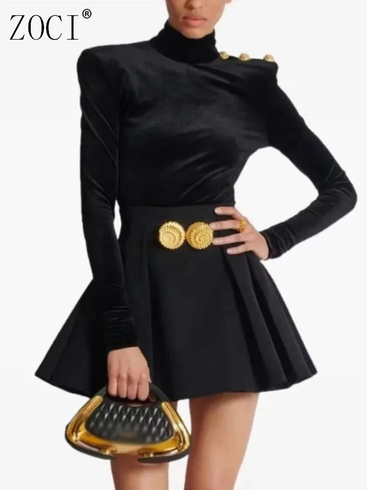

ZOCI женский классический костюм, бархатный топ с высоким воротом, металлическая пряжка, юбка с высокой талией типа A, офисная женская новинка весны 2023 г.
