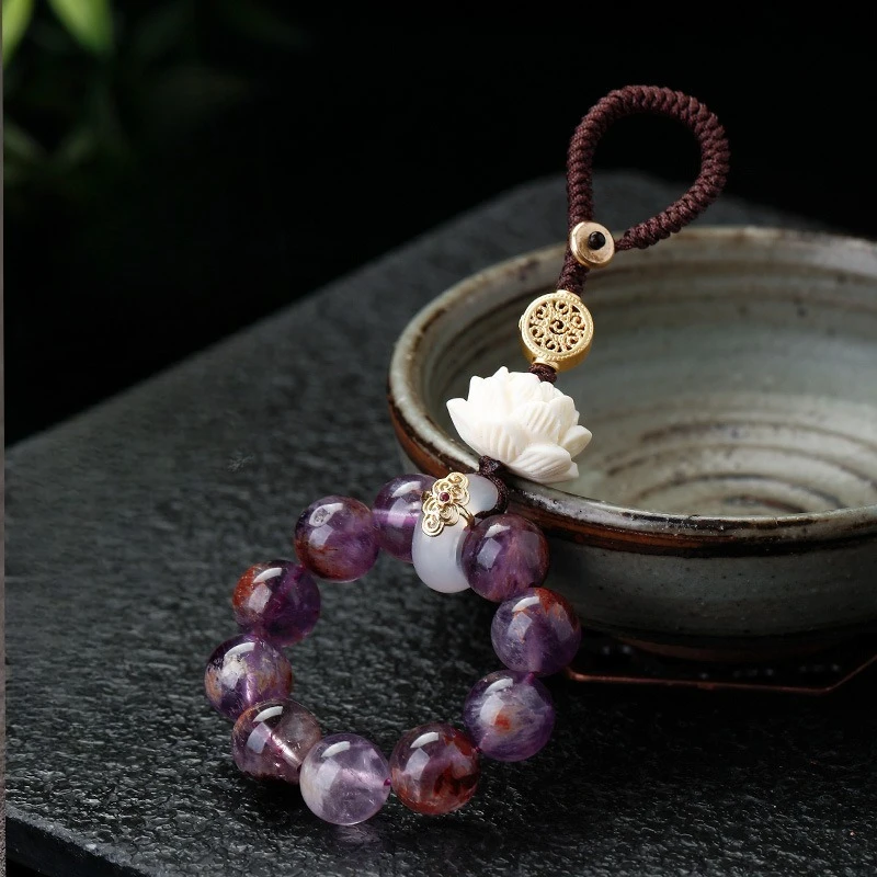 Purple Bead Lanyard Amethyst Crystal Phone Charm Natural Stone Bag Charm Carved Lotus Flower Keyring Zen Aesthetic Purse Decor
