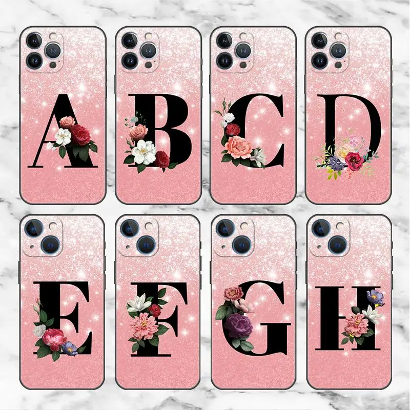 Buchstabe A B C Blumen Rosa Hülle für Apple iPhone 11 15 13 14 Pro Max 12 Plus X 15Pro Schwarz Silikon Handyhülle