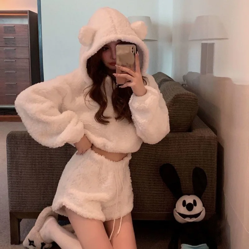 White Fuzzy Bear Ear 2 Piece Outfit Women's Plush Hooded Crop Top & High Waist Shorts Set Soft Warm Loungewear Casual