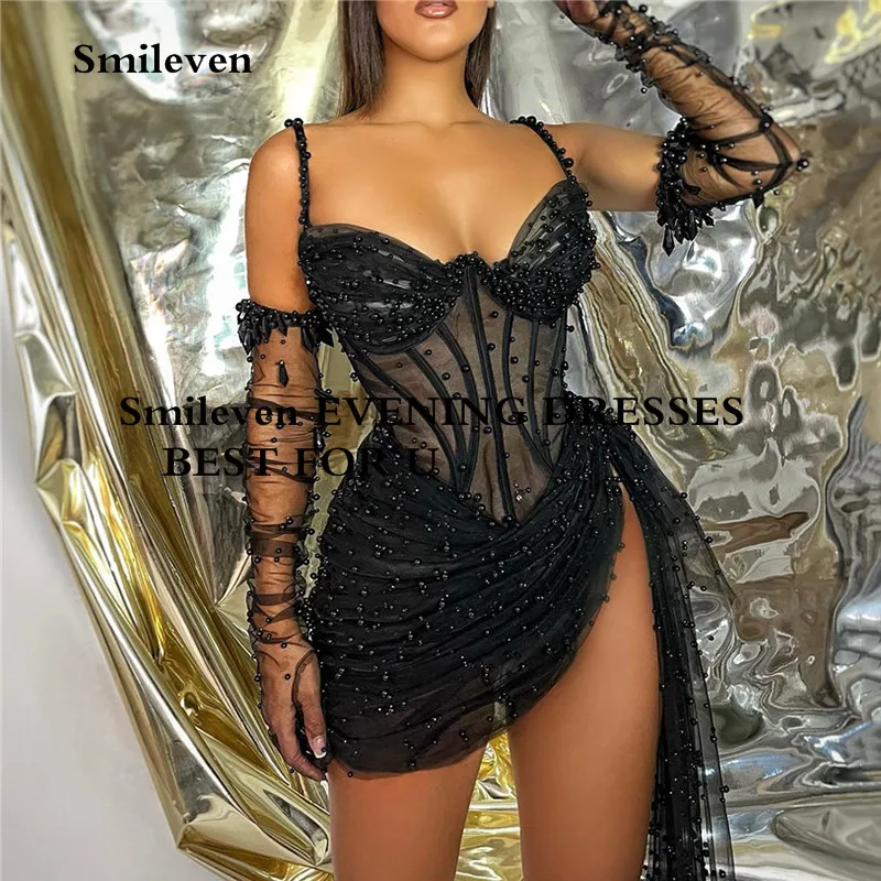 

Smileven Spaghetti Straples Black Pearls Short Cocktail Dress Sweetheart Long Sleeve Lady's Dress Mini Prom Dresses Party Gowns