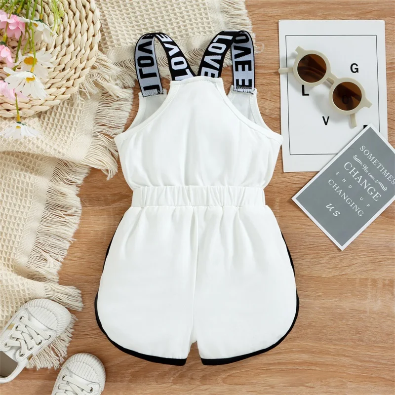 

Летний комбинезон без рукавов для маленьких девочек с круглым вырезом и буквенным принтом, короткий комбинезон с эластичной резинкой на талии, одежда