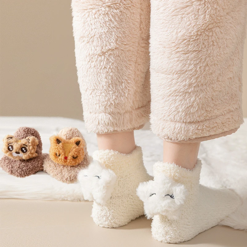 

Носки Laides, мультяшные японские кавайные 3D милые забавные носки до щиколотки, зимние утолщенные теплые коралловые бархатные носки-тапочки для девочек