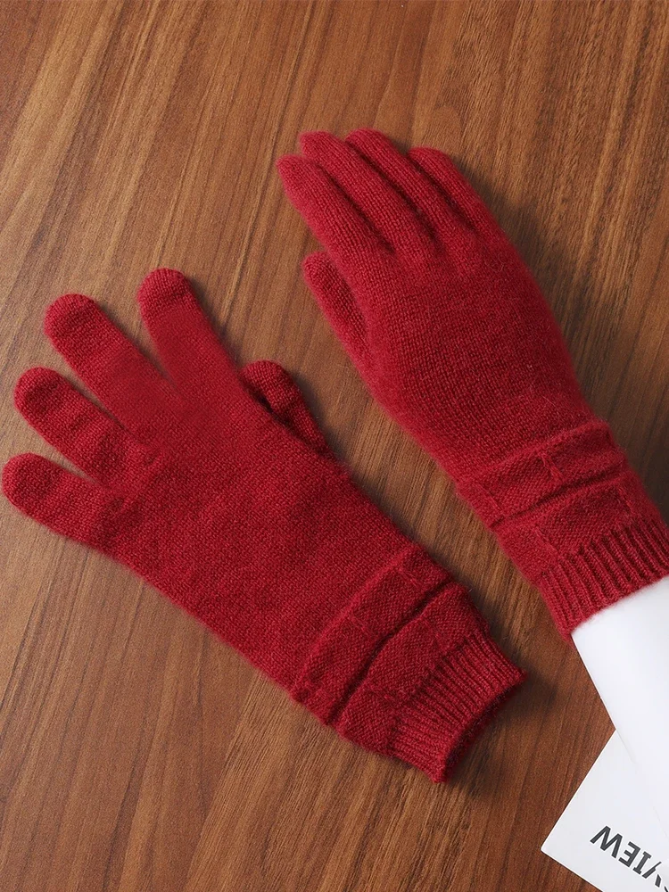 Wool Cashmere Gloves Lady Touchscreen Finger Hole Winter Autumn Women Warm Wrist Length Classic Knitted Gloves Female Mitten