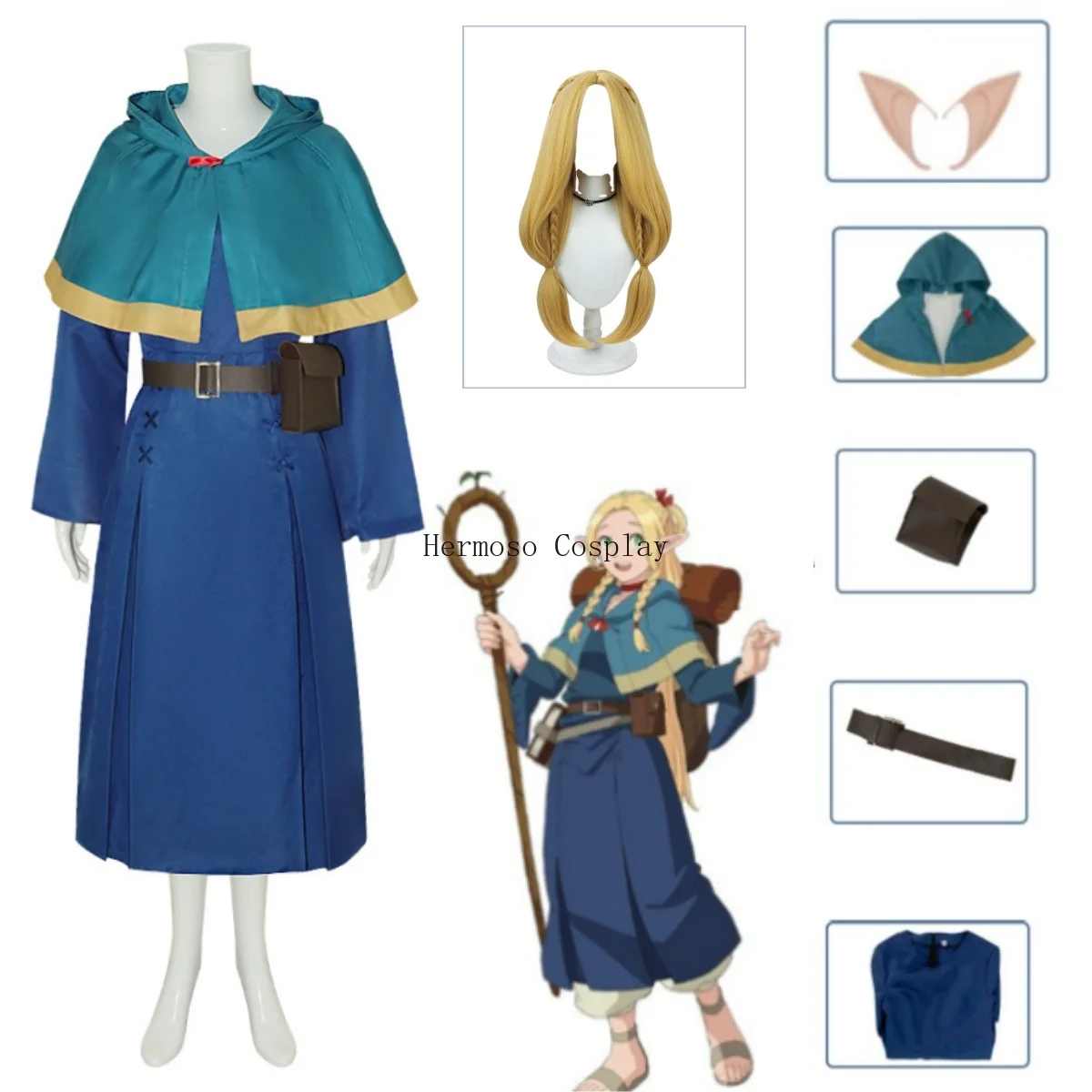 

New Anime Delicious in Dungeon Marcille Donato Cosplay Costume Wig Laios' Party Yellow Hair Dress Cloak Ears Bag Belt Uniforms