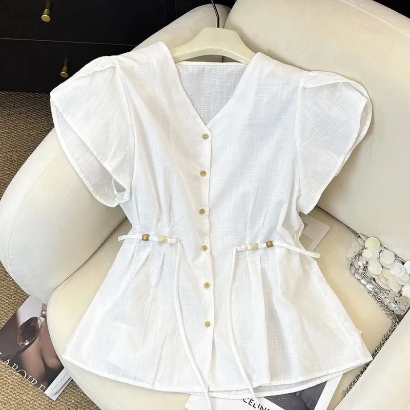 

Women Summer Simplicity Office Lady Solid Color V-neck Lacing Short Sleeve Shirts Ladies Fashion Lacing All-match Corset Tops