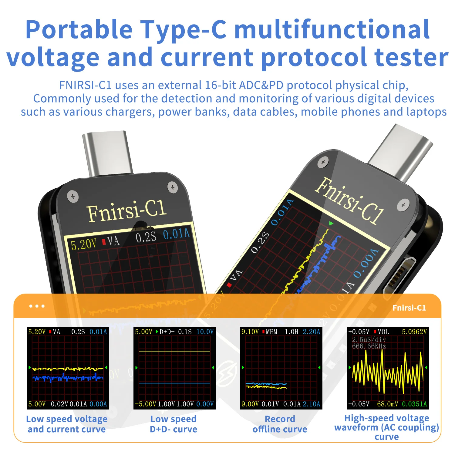 FNIRSI-C1 Type-C PD Trigger USB-C Voltmeter Ammeter Fast Charging Protocol Test Type-C Meter Power Bank tester With PC Software