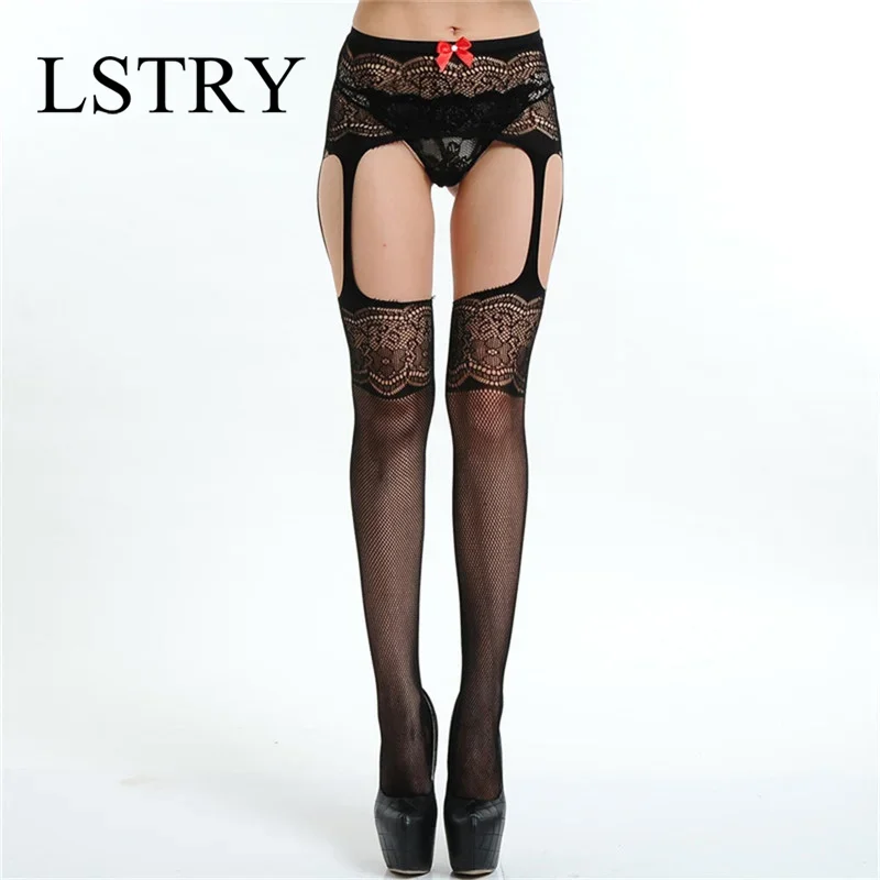 

Сексуальное женское нижнее белье, черный эластичный кружевной топ, подвязки, сетчатые чулки до бедра, женские тонкие сетчатые колготки, клубная одежда для женщин