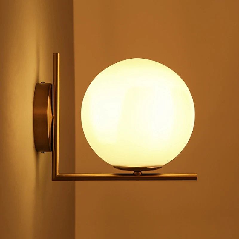 

Modern Minimalist Gold Iron Body Wall Lamp Nordic White Frosted Glass Ball Design Corridor Porch Decoration LED E14 Lighting