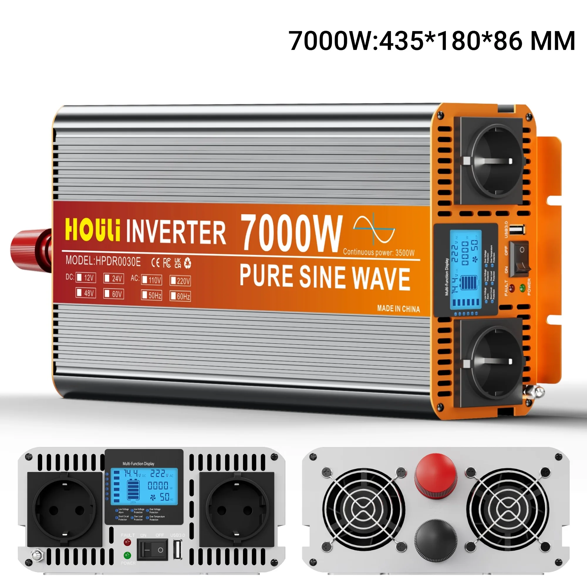 HOULI 7000W krachtige auto-omvormer 12V/24V DC naar 220V AC Dual EU-stekker + USB-poort Perfect voor buitenvrachtwagen RV EU-magazijn