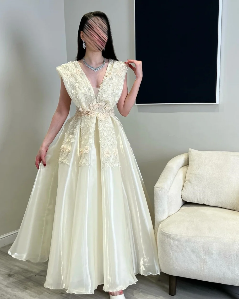 

Customized High Quality Women Organza Beading Handmade Flower A-Line Evening Dresses Fashion V-neck Sleeveless Long Prom Dresses