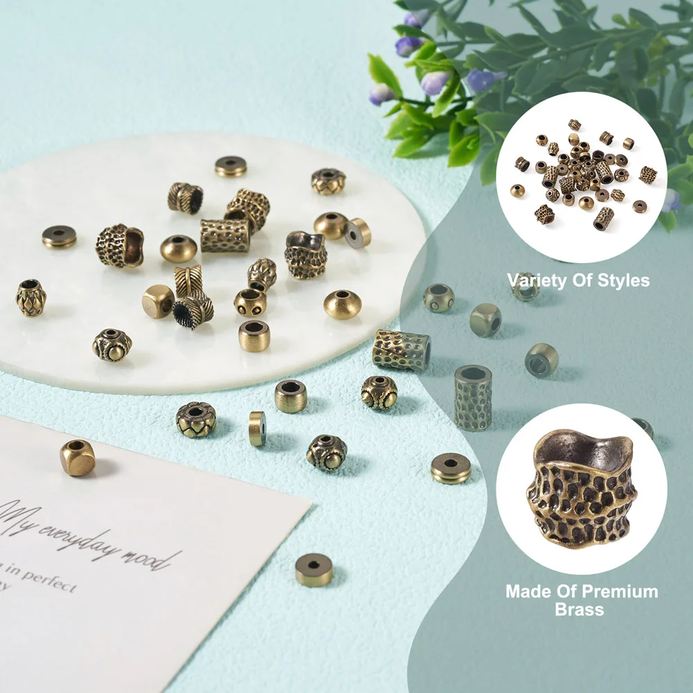 Kissitty 48Pcs 12 Style Brushed Antique Bronze Flat Round Cube Tibetan Style Brass Bead For Bracelet Earring Jewelry Making Gift