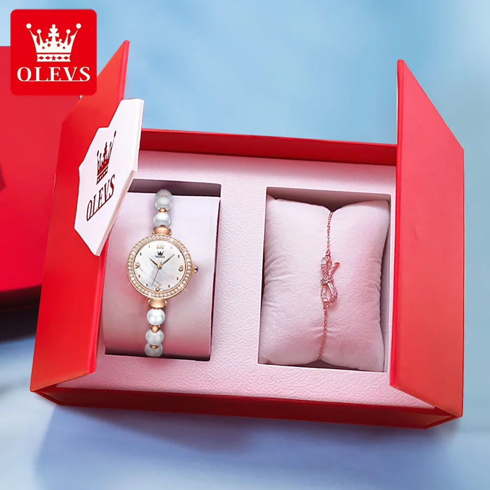 OLEVS-reloj de cuarzo con cadena de perlas para mujer, pulsera de lujo, resistente al agua, Original, marca superior