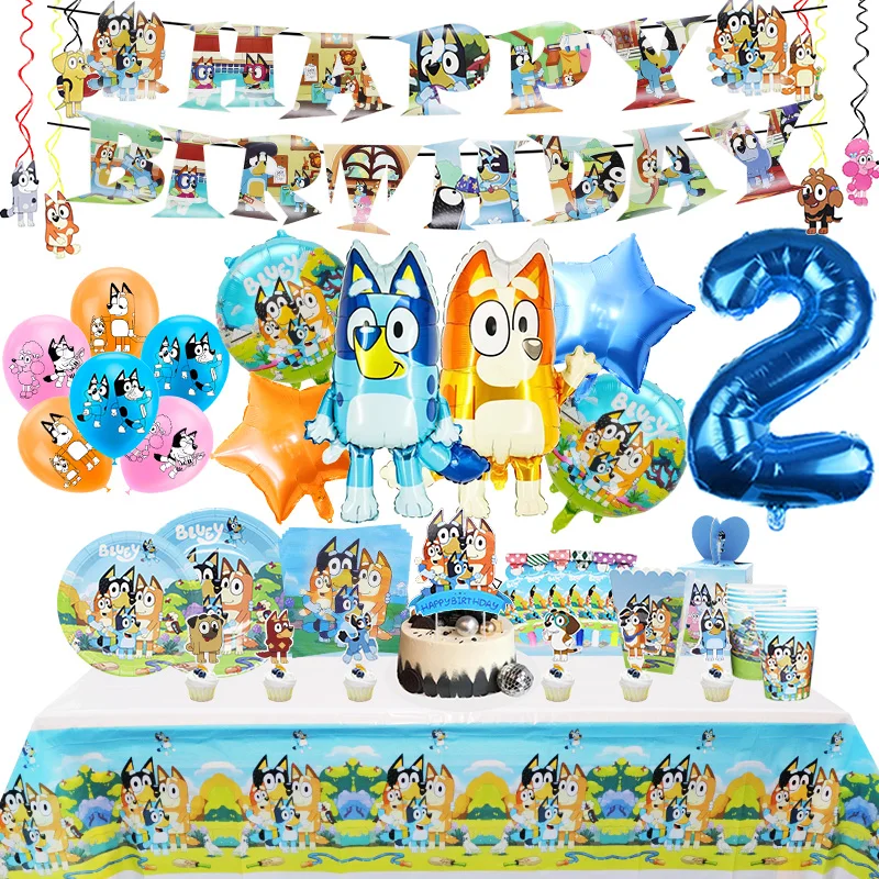 Bluey Birthday Party Decoration Foil Latex Balloon For Kids Event Supplies Blue Dog Disposable Tableware Banner Backdrop Mask